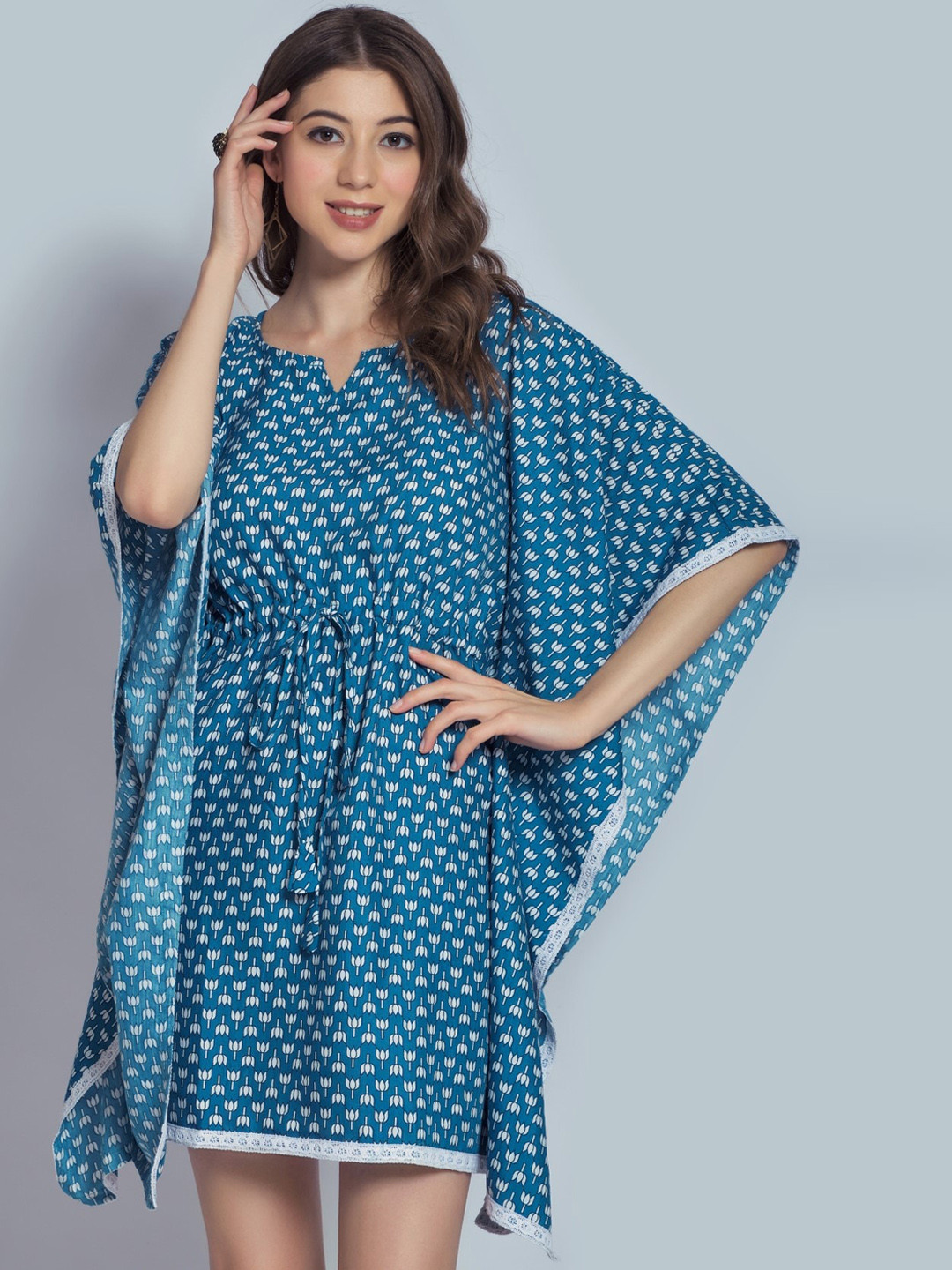 

FAVRIZ Floral Printed Mini Kaftan Cotton Dress, Blue