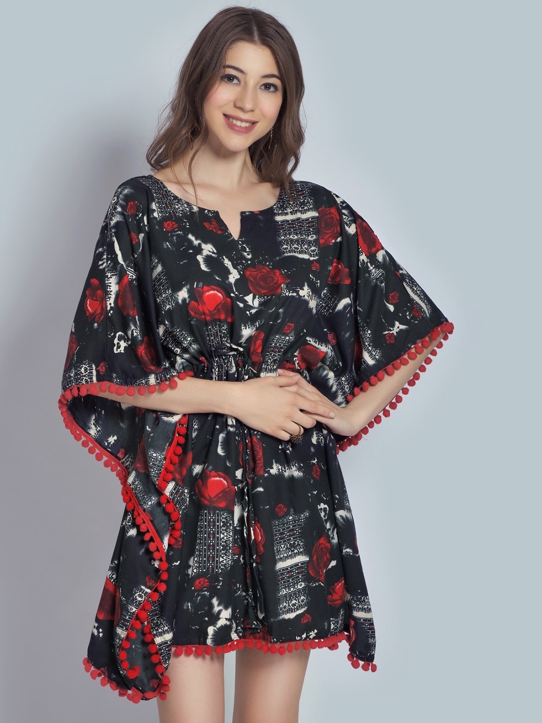 

FAVRIZ Floral Printed Notched Neck Pom Pom Cotton Kaftan Dress, Black