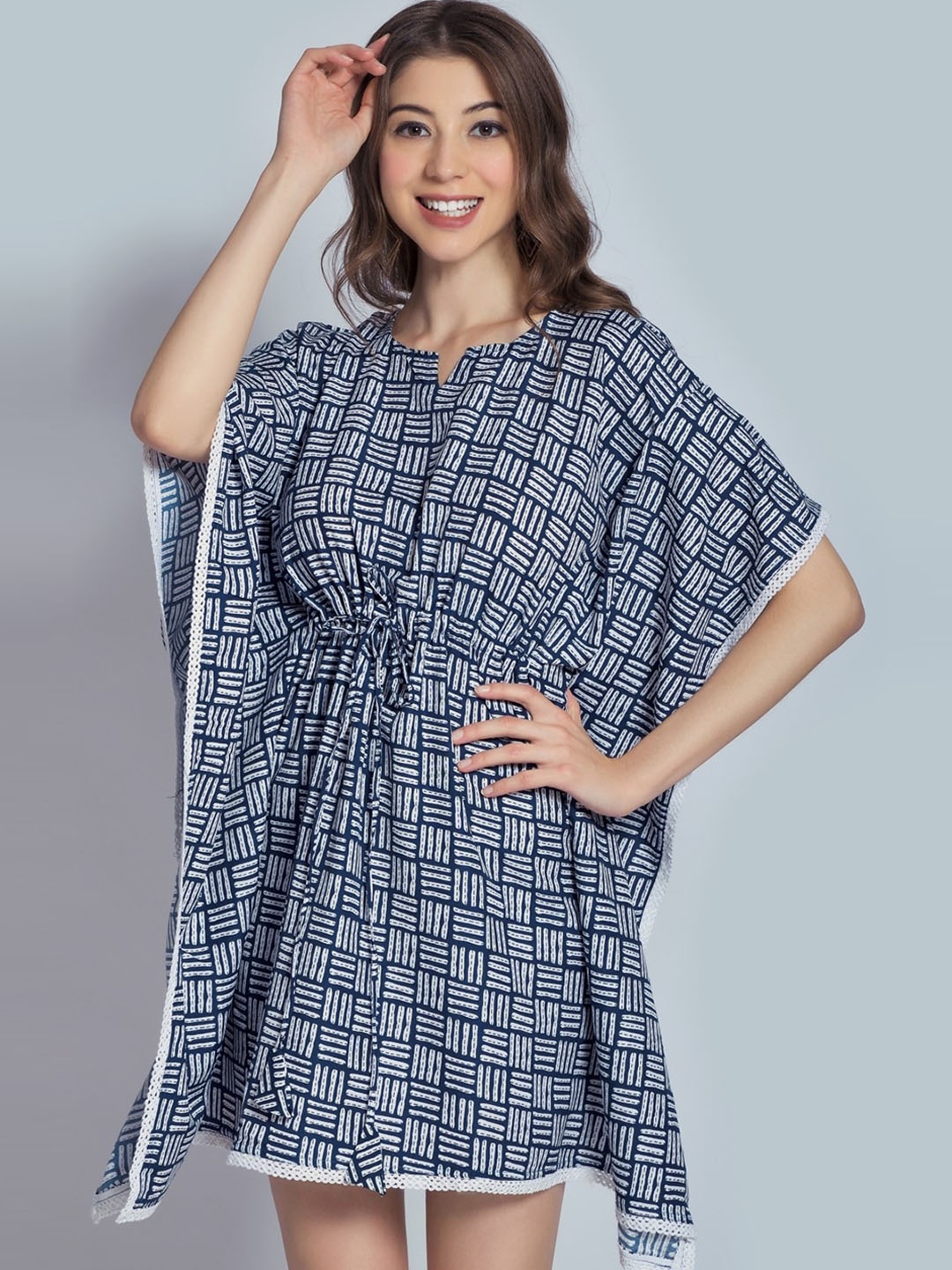 

FAVRIZ Abstract Printed Notched Neck Lace Up Cotton Kaftan Dress, Blue
