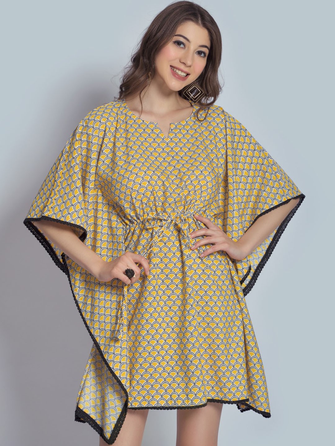 

FAVRIZ Ethnic Motif Printed Notched Neck Cotton Kaftan Dress, Yellow
