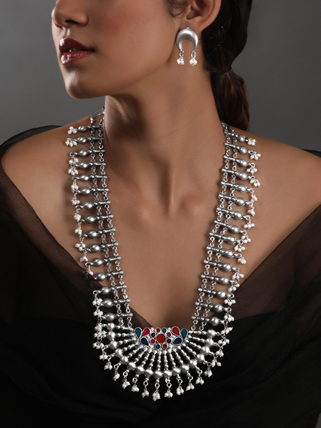 

Rubans Silver-Plated Stone-Studded Statement Long Jewellery Set
