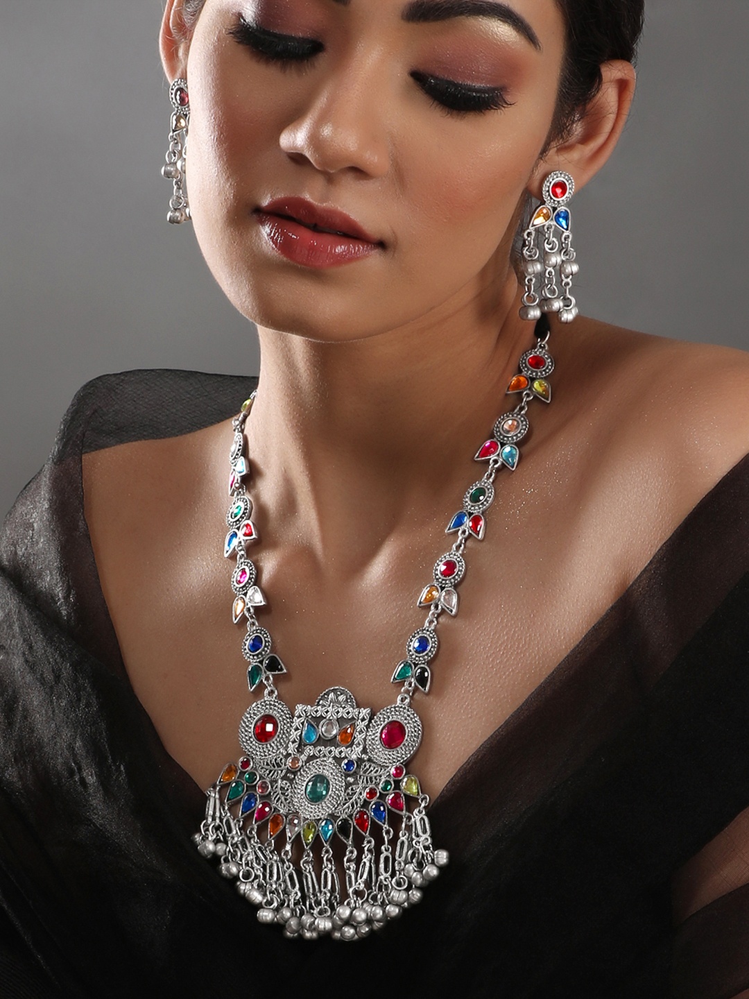 

Rubans Silver-Plated Stone-Studded & Ghungroos Long Jewellery Set