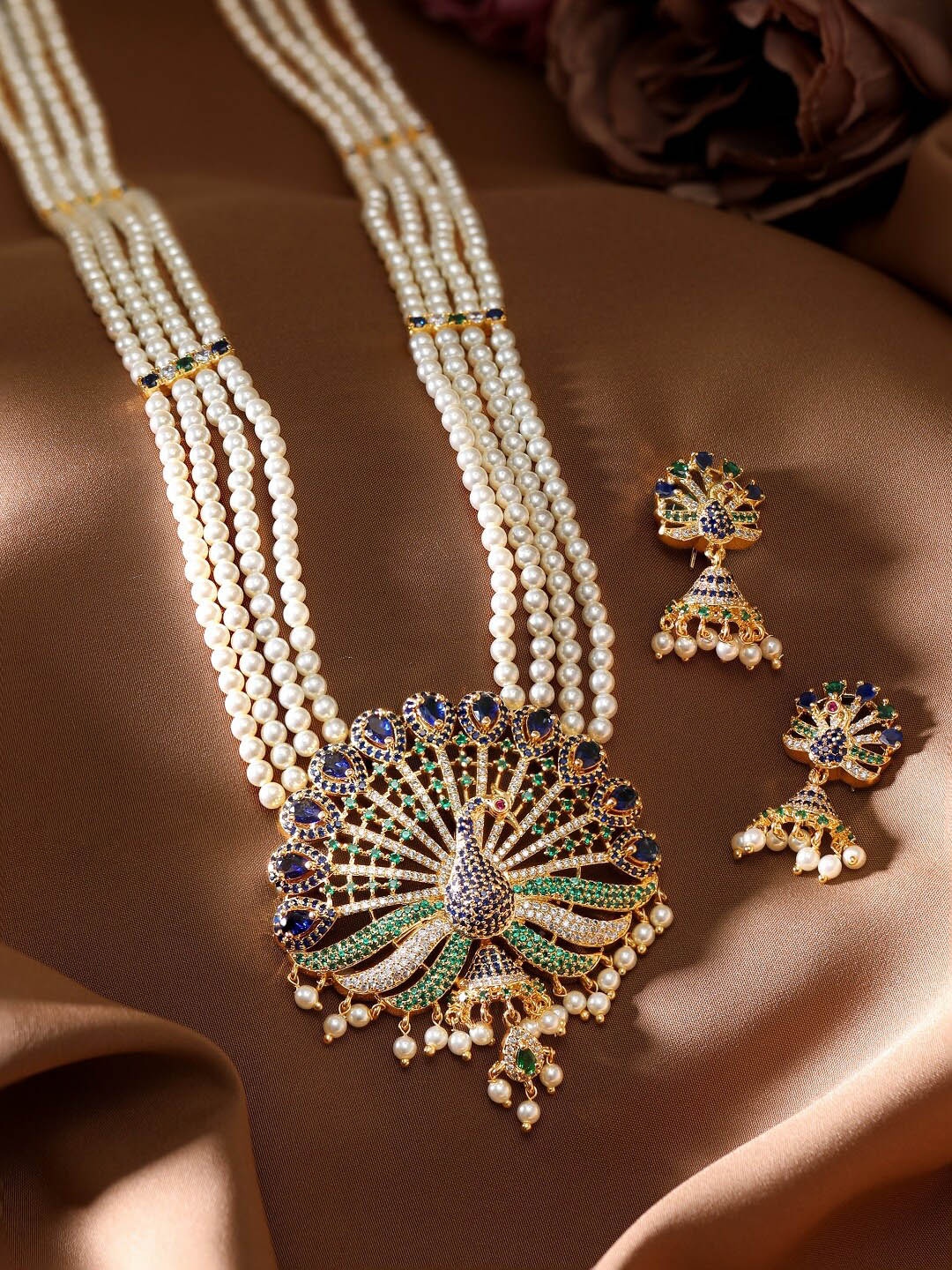 

Rubans 22K Gold Plated Green & Blue Zircon Pearl Beaded Peacock Long Necklace Set