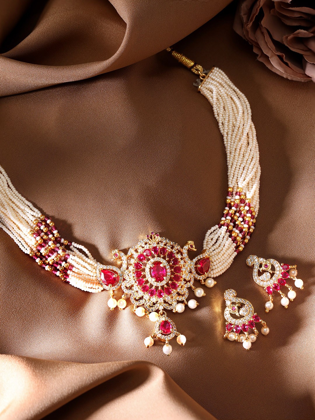 

Rubans 22K Gold-Plated Pearl & Ruby Zirconia Peacock Jewellery Set