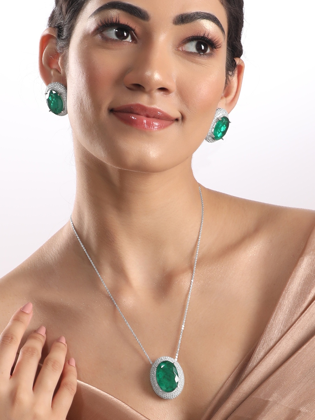 

Rubans Rhodium-Plated Emerald & CZ-Studded Statement Jewellery Set, Silver