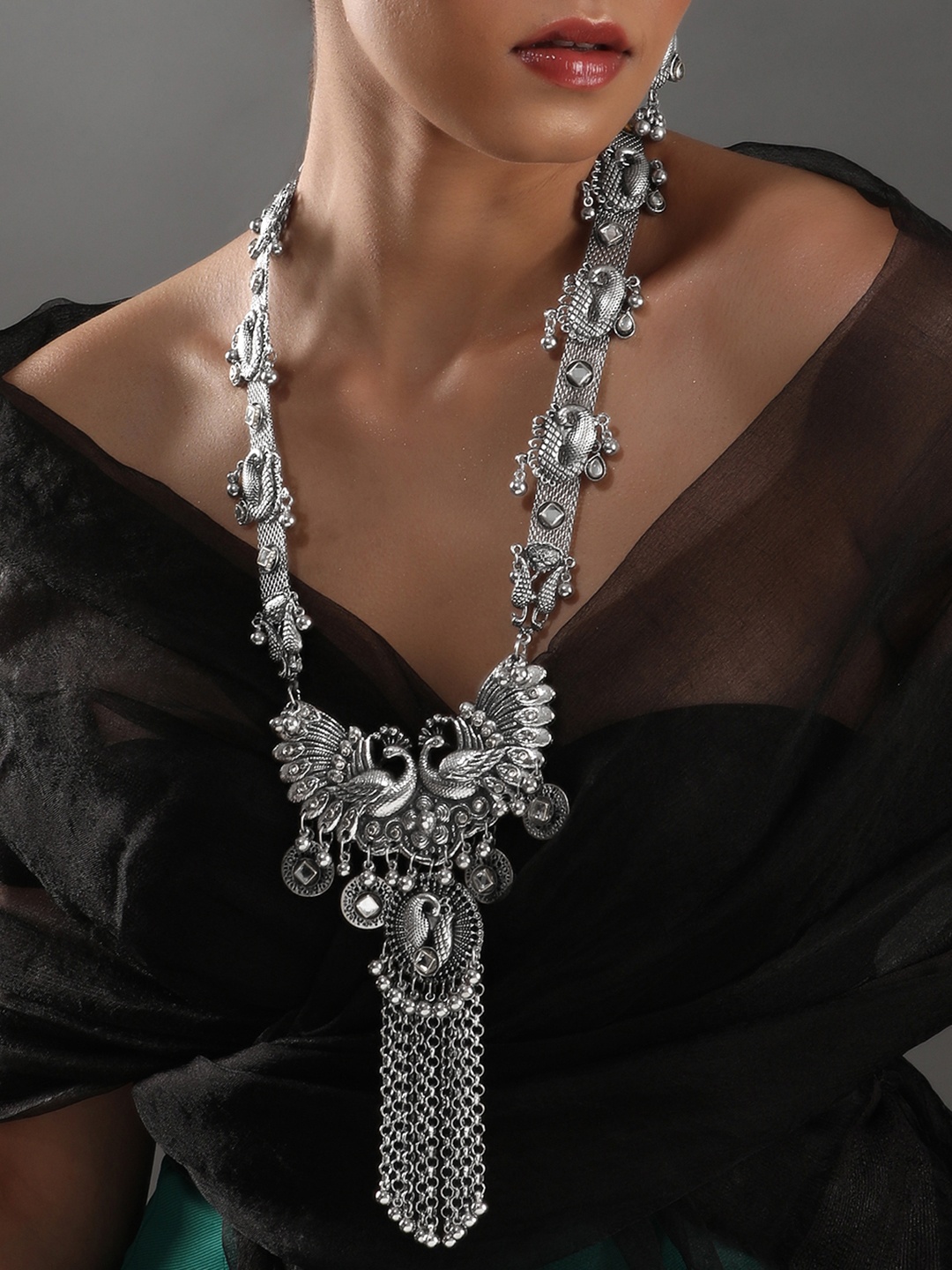 

Rubans Silver-Plated Stone-Studded Peacock Motif with Tassels Long Jewellery Set