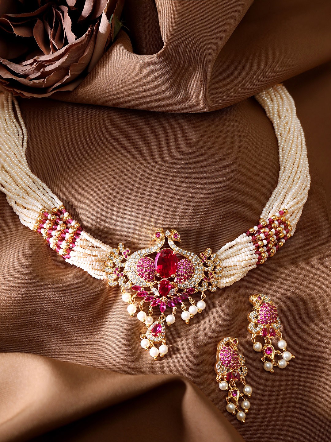 

Rubans 22K Gold-Plated Pearl & Ruby Zirconia-Studded Peacock Jewellery Set