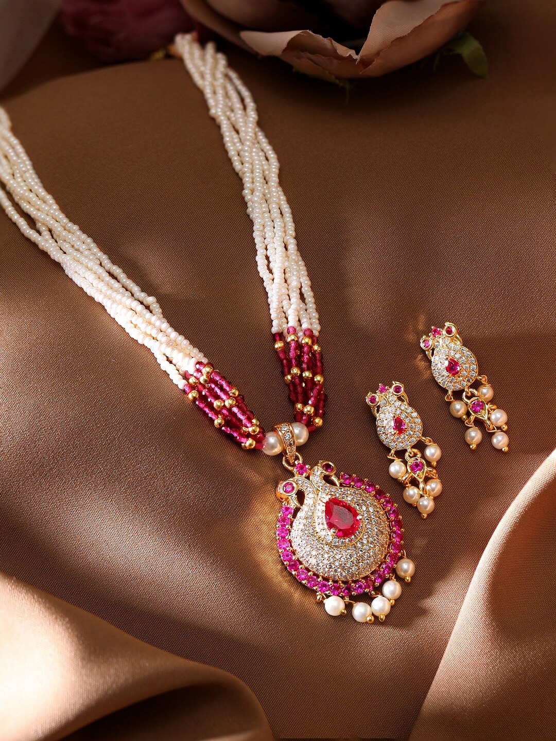 

Rubans 22K Gold-Plated Pearl & Ruby Zirconia-Studded Peacock Jewellery Set
