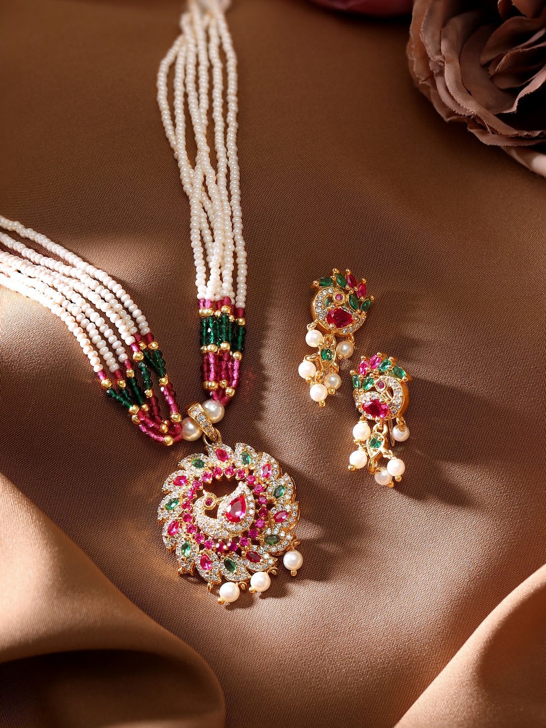 

Rubans 22K Gold-Plated Pearl & CZ-Studded Peacock Jewellery Set