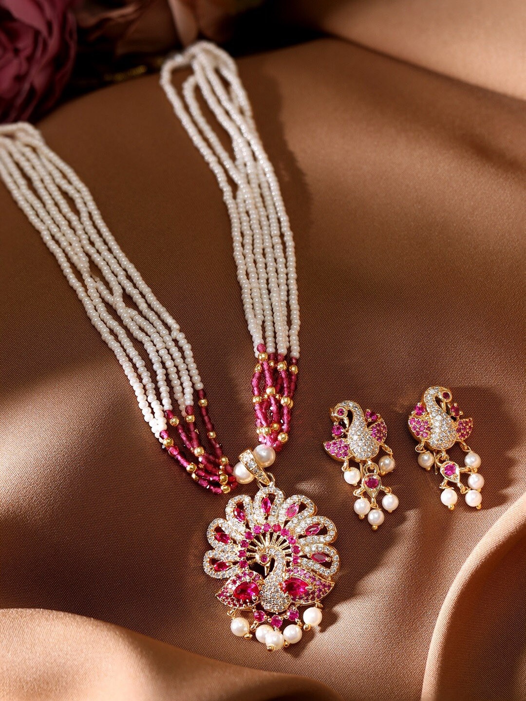 

Rubans 22K Gold-Plated Pearl & Ruby Zirconia Peacock Jewellery Set