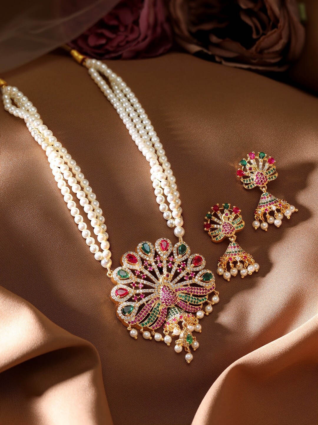 

Rubans 22K Gold-Plated Pearl & CZ-Studded Peacock Jewellery Set
