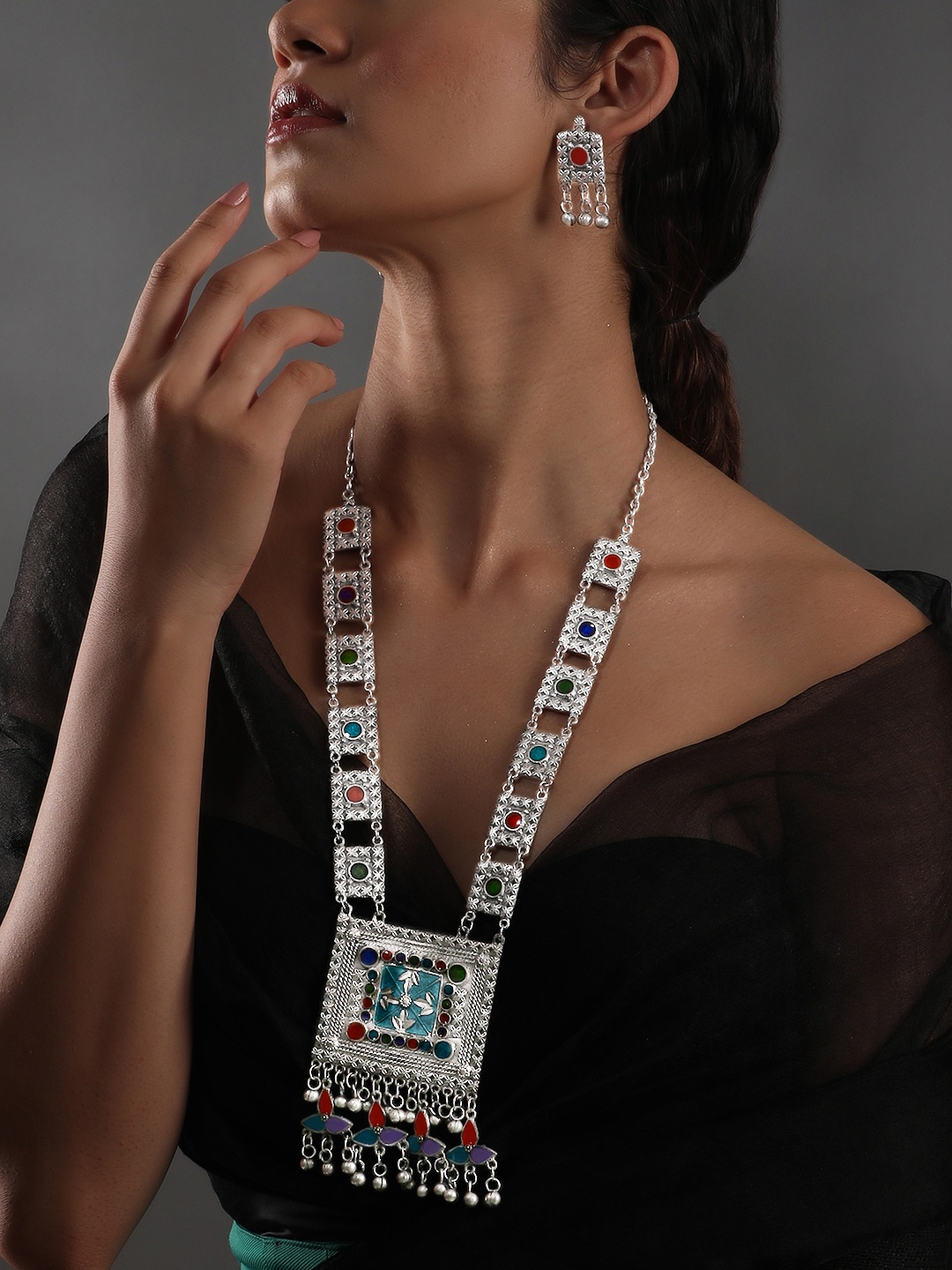 

Rubans Oxidized Silver Plated Multicolour Stone Studded Long Necklace Set