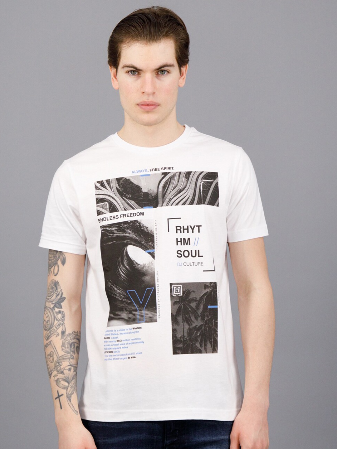 

FREESOUL Printed Round Neck Cotton T-shirt, White