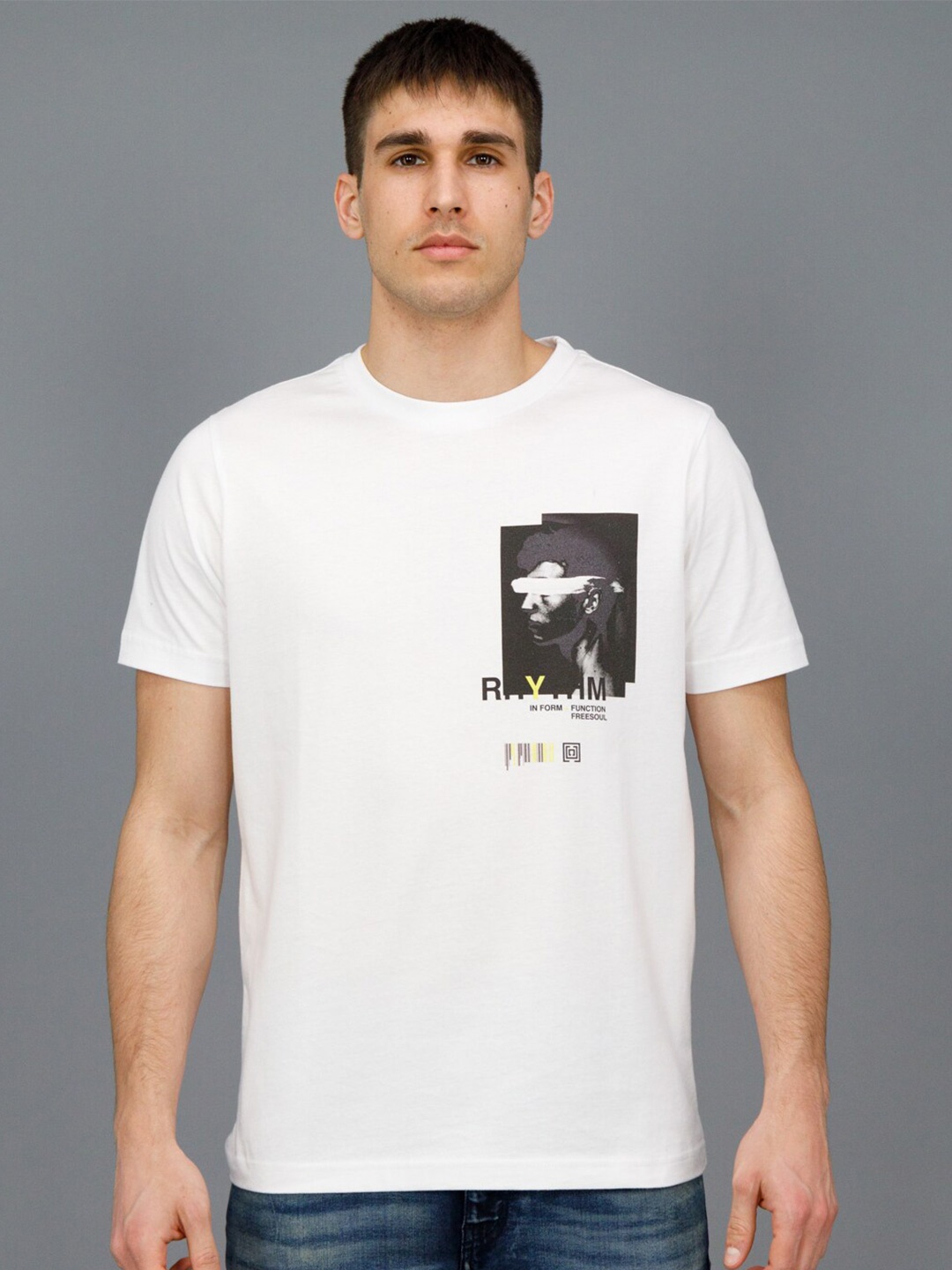

FREESOUL Men White Monochrome Raw Edge T-shirt