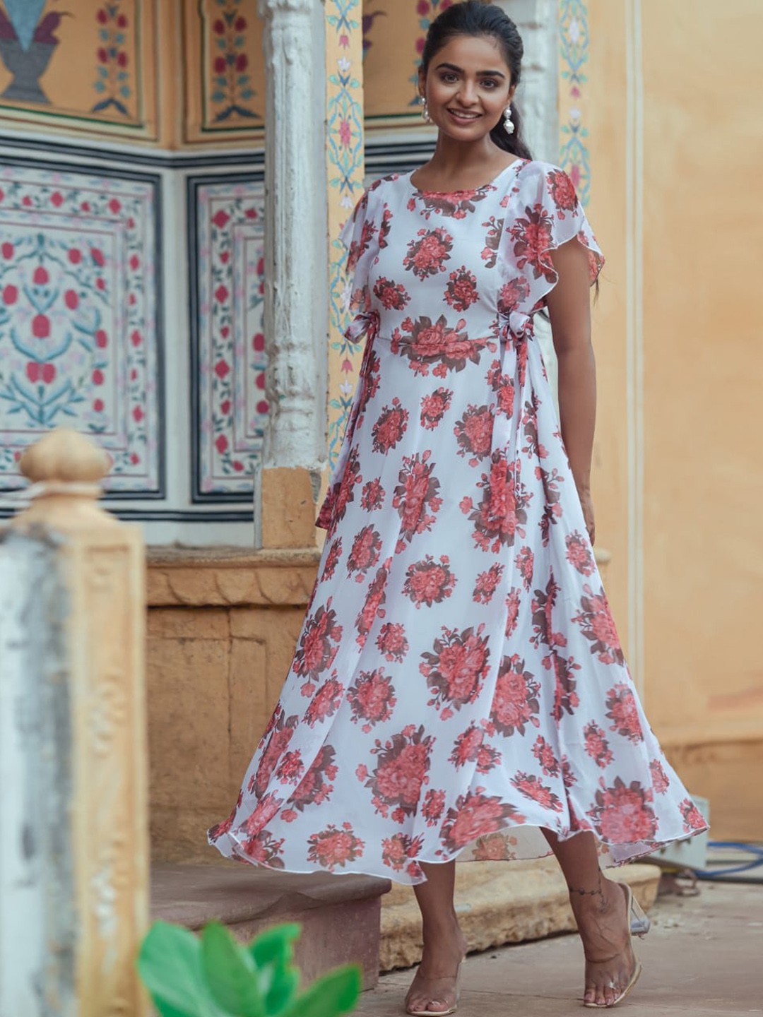 

FAVRIZ Floral Printed Tie Up Georgette A-Line Dress, White
