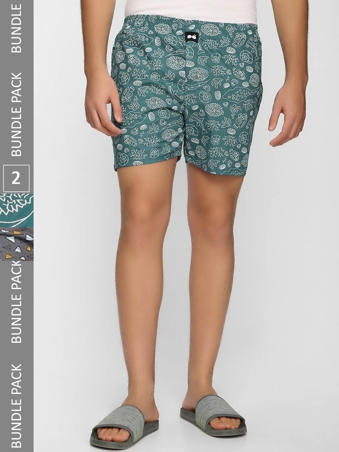 

Bewakoof Green & Grey Men Pack of 2 Printed Cotton Boxers