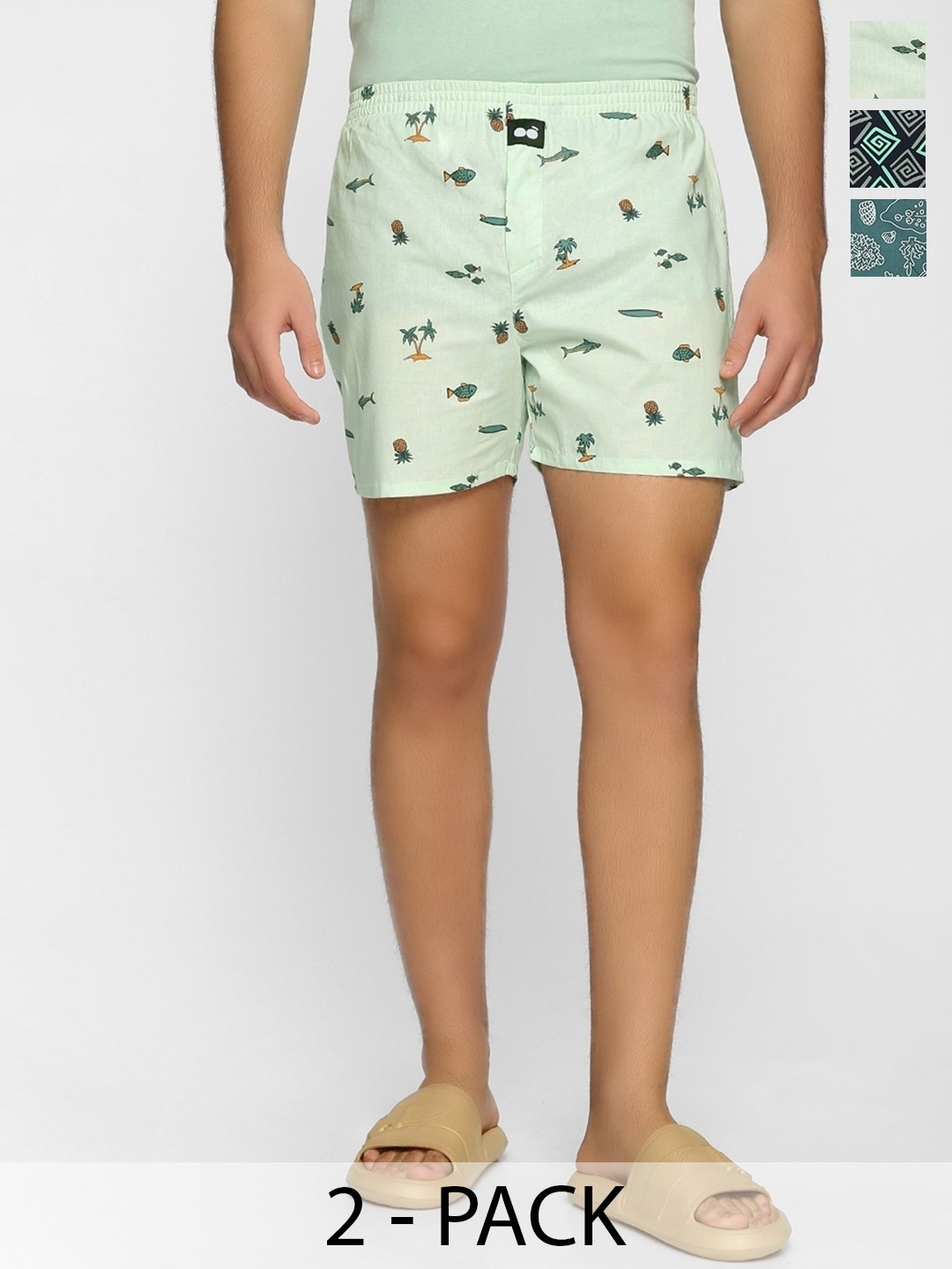 

Bewakoof Green & Black Men Pack Of 3 Printed Cotton Boxers 589916