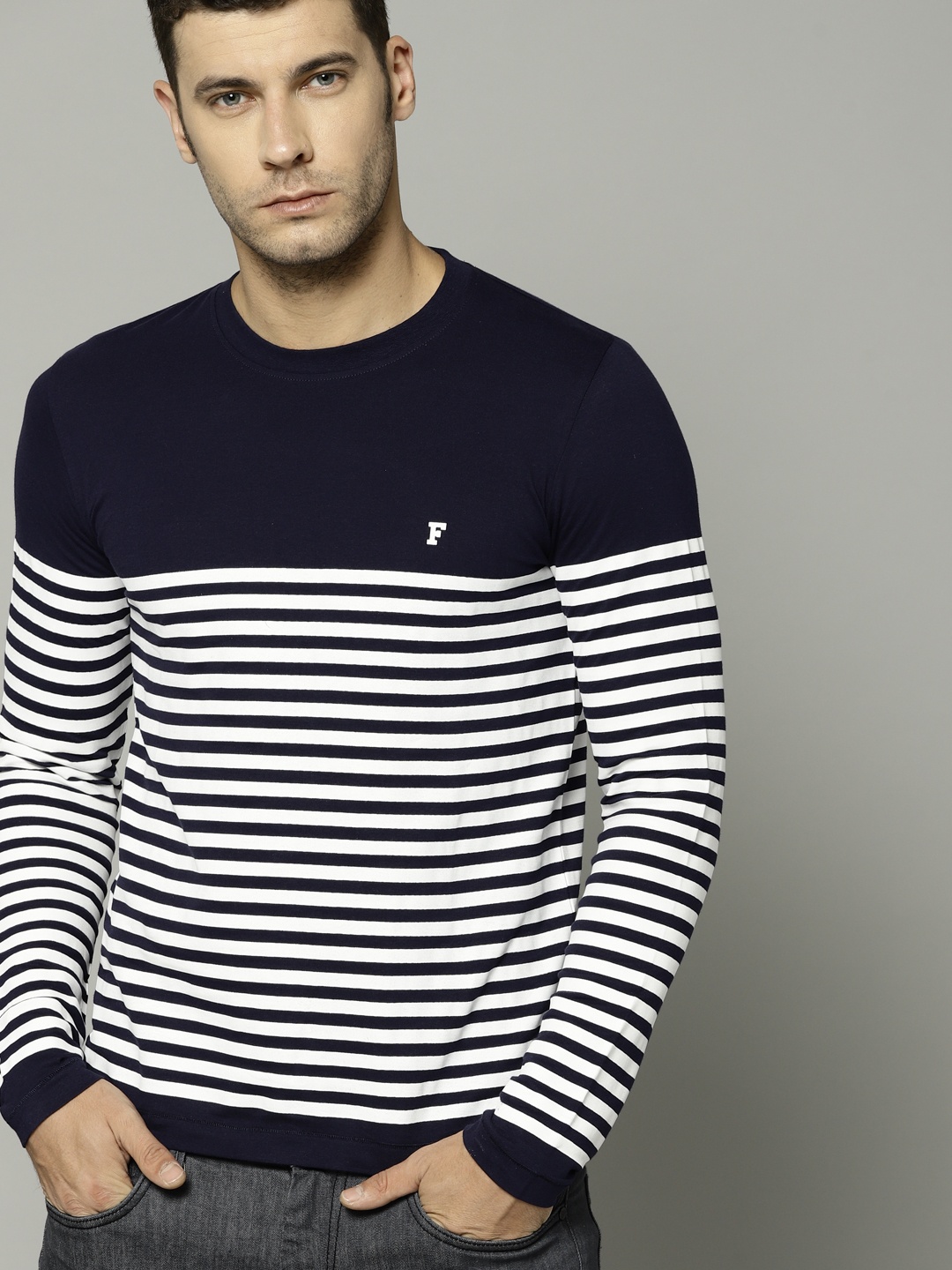 

French Connection Men Navy Blue & White Striped Round Neck T-shirt