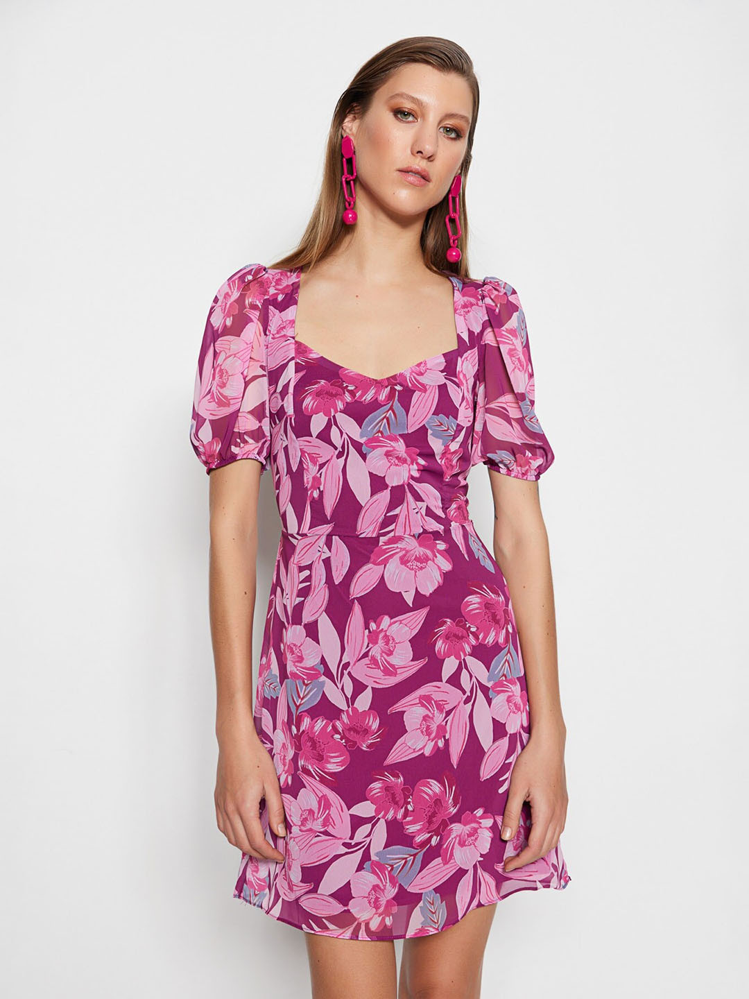 

Trendyol Floral Print Puff Sleeve A-Line Dress, Na