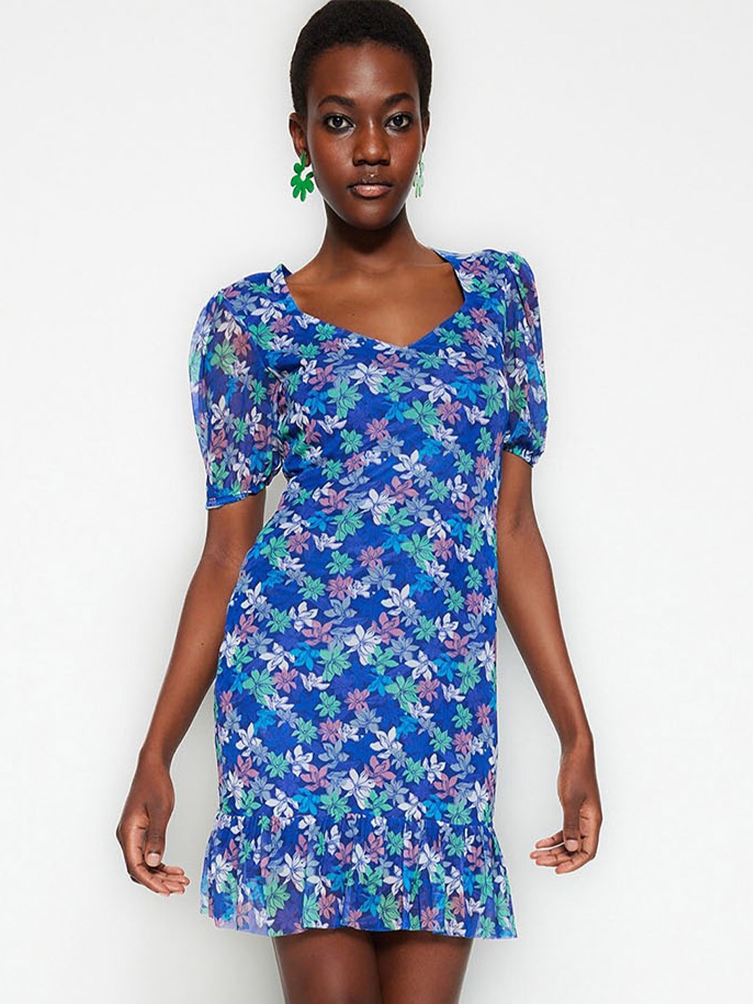 

Trendyol Floral Print Puff Sleeve A-Line Dress, Na