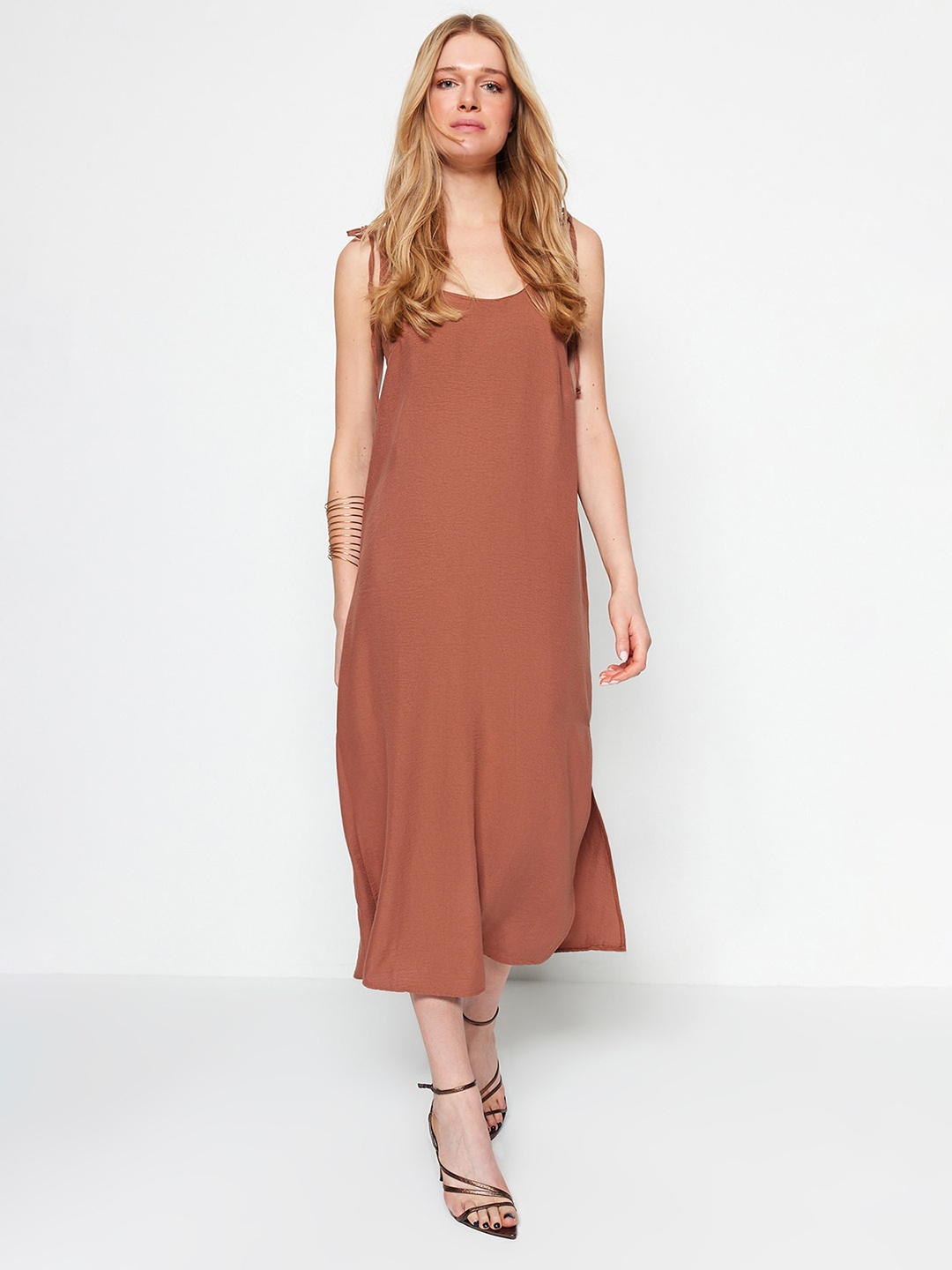 

Trendyol Tie-Up Shoulder Strap A-Line Midi Dress, Brown