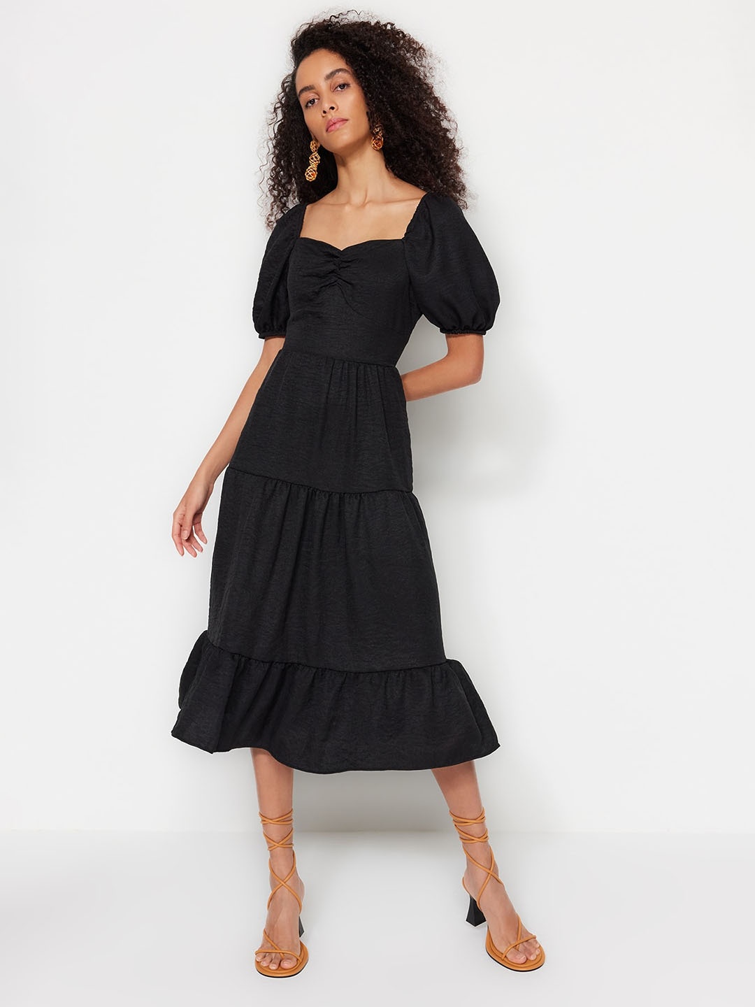 

Trendyol Off-Shoulder Puff Sleeve Fit & Flare Midi Dress, Na
