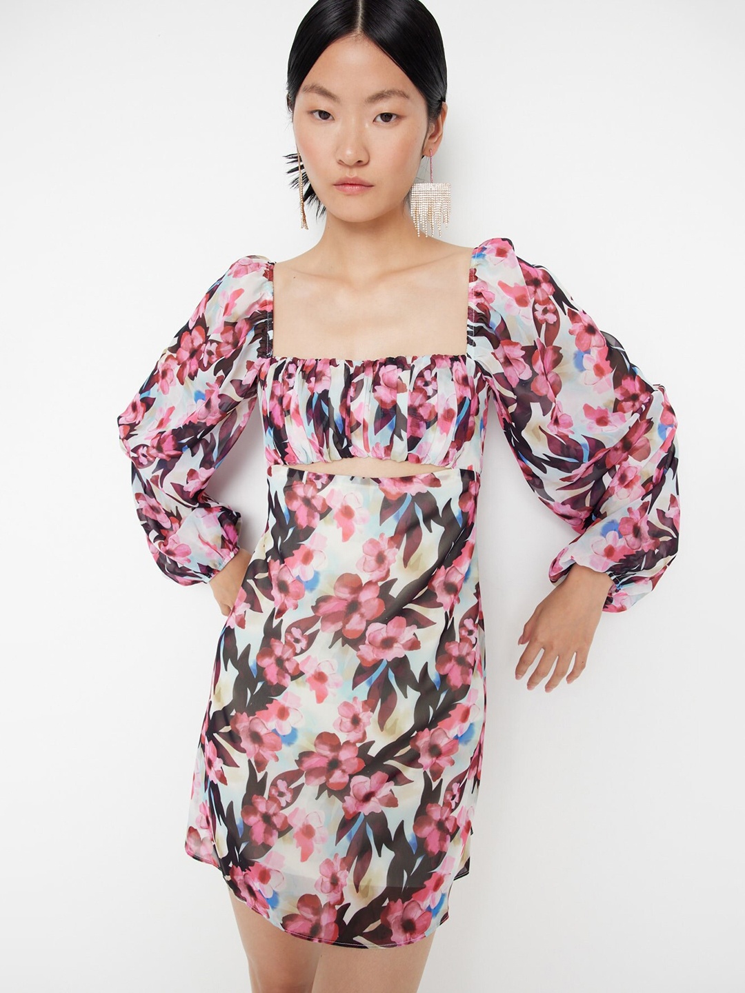

Trendyol Floral Printed Puff Sleeve A-Line Dress, Pink