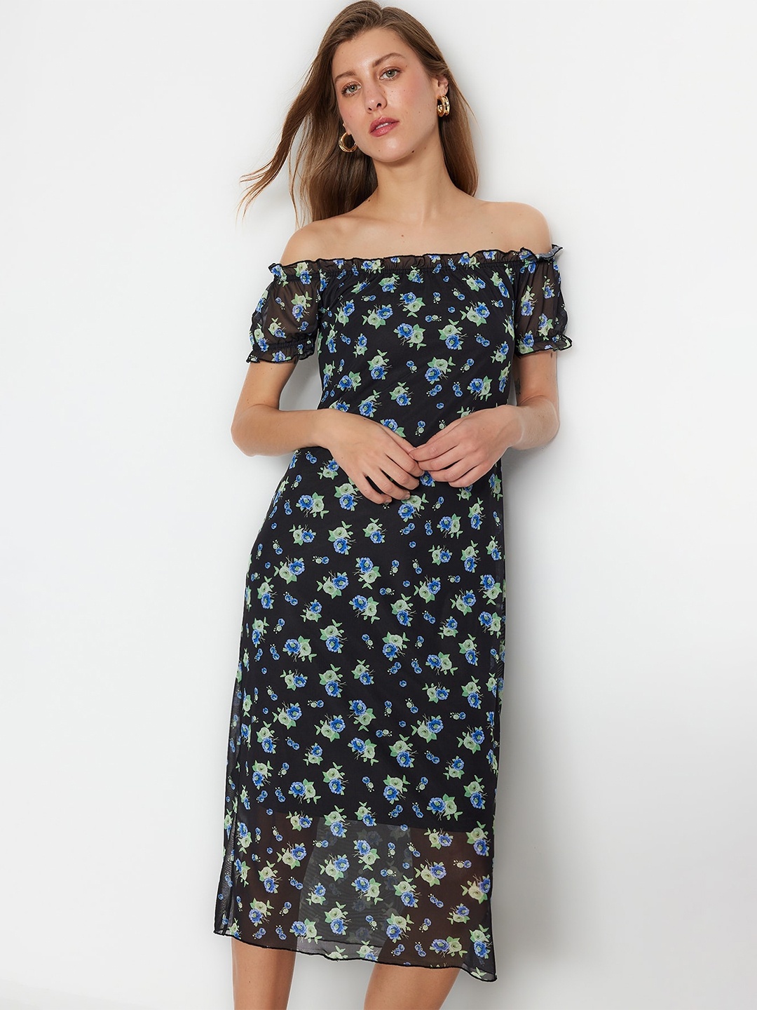 

Trendyol Floral Print Off-Shoulder Sheath Dress, Green