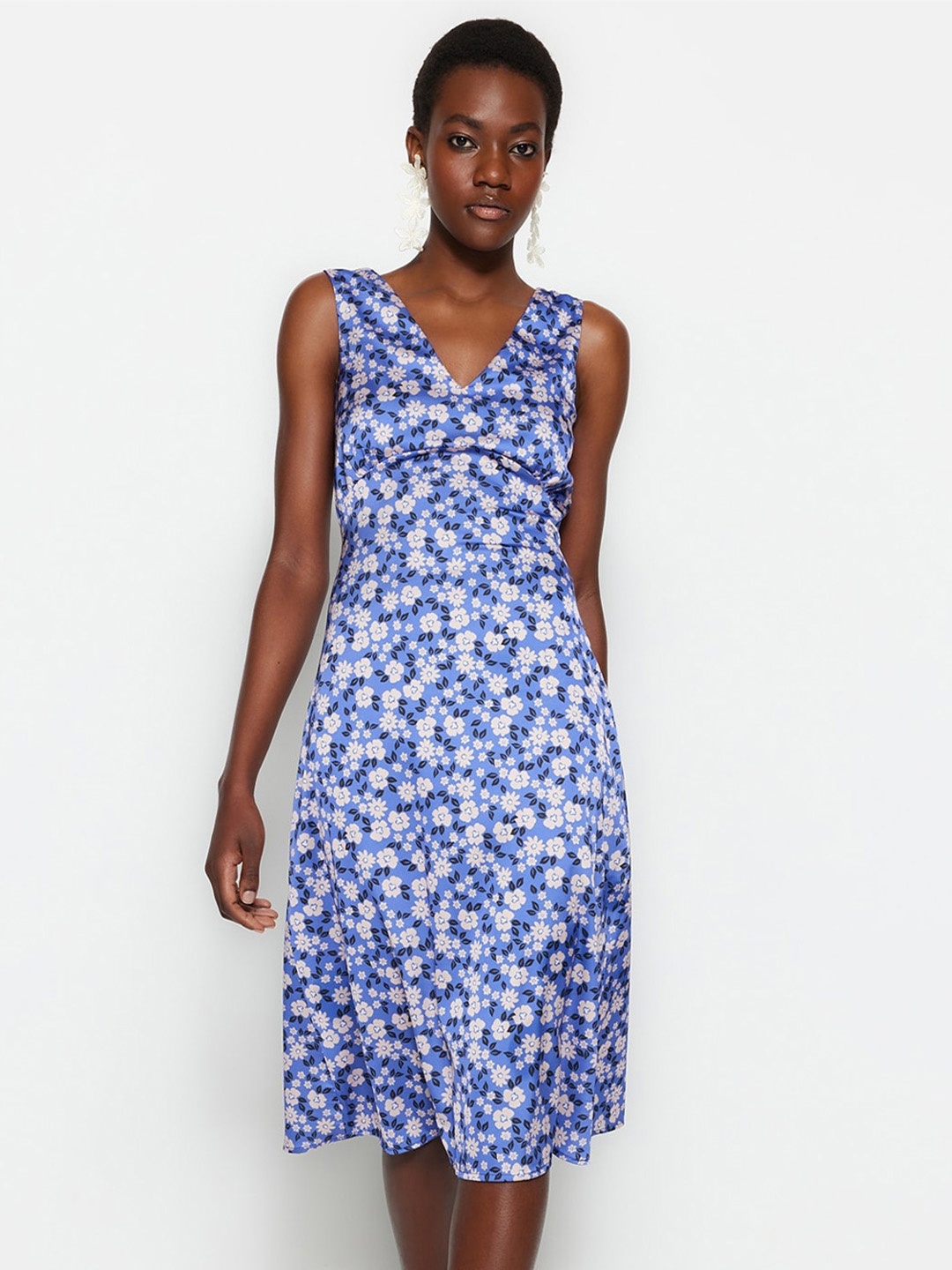 

Trendyol Floral Print Fit & Flare Dress, Blue