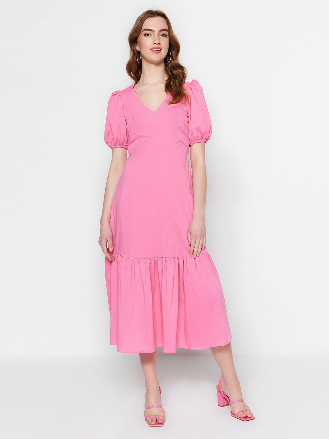 

Trendyol V-Neck A-Line Midi Dress, Pink