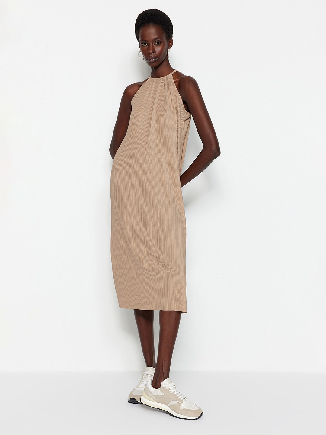 

Trendyol Striped A-Line Midi Dress, Beige