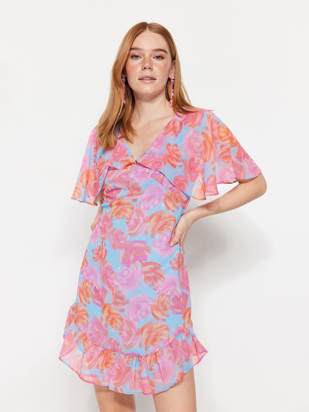 

Trendyol Floral Print Flared Sleeve A-Line Dress, Pink