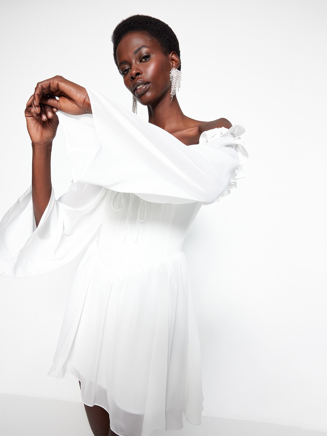 

Trendyol Off-Shoulder Flared Sleeve Fit & Flare Mini Dress, White