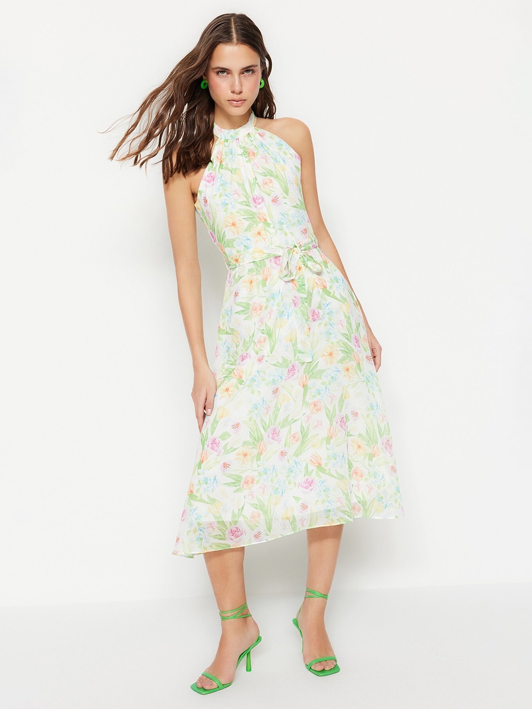 

Trendyol Floral Print Fit & Flare Midi Dress, Green