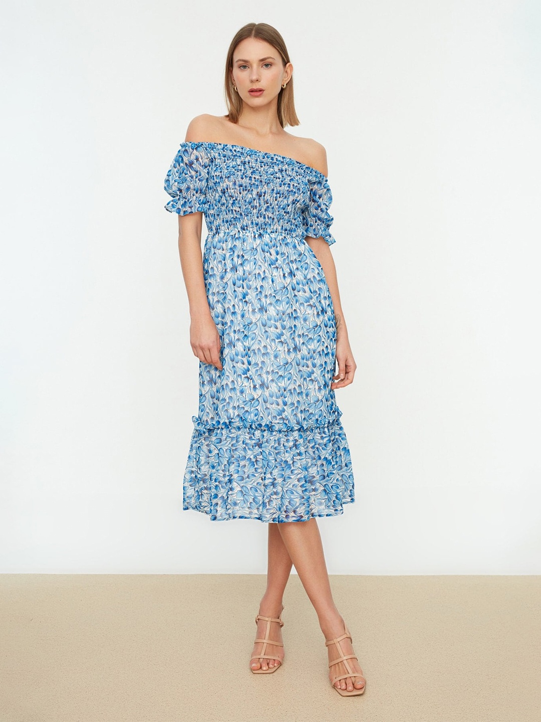 

Trendyol Floral Print Off-Shoulder Fit & Flare Dress, Blue