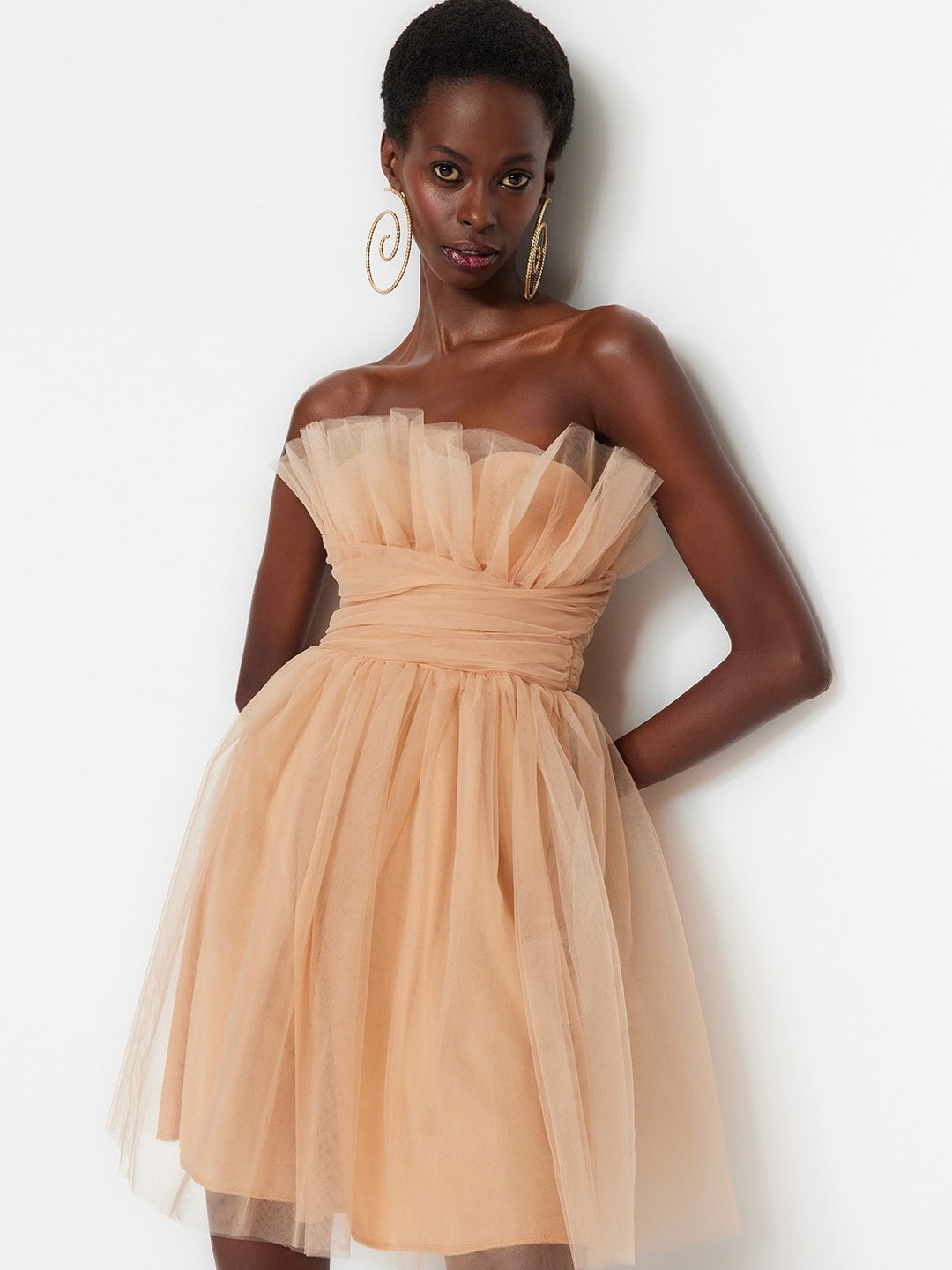 

Trendyol Off-Shoulder Fit & Flare Dress, Beige