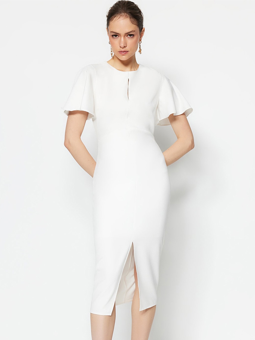 

Trendyol Keyhole Neck Flutter Sleeve Sheath Midi Dress, White