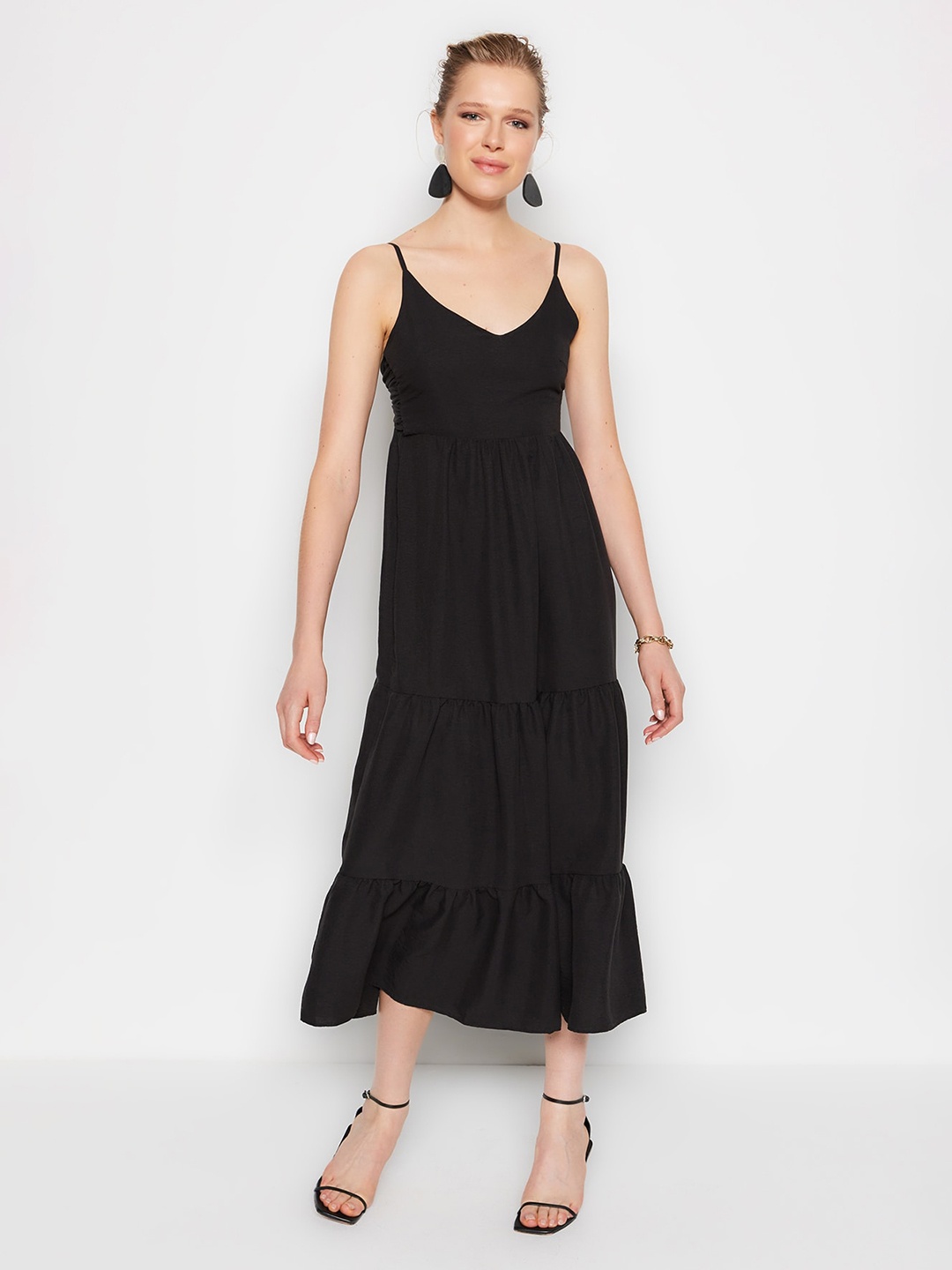 

Trendyol Shoulder Strap Tiered A-Line Midi Dress, Black