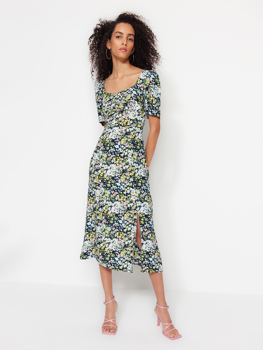 

Trendyol Floral Printed A-Line Midi Dress, Navy blue