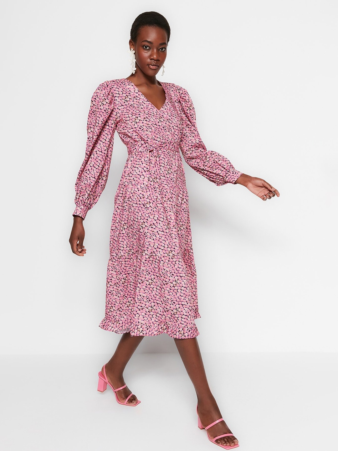 

Trendyol Floral Printed Cuffed Sleeve Fit & Flare Midi Dress With Belt, Pink