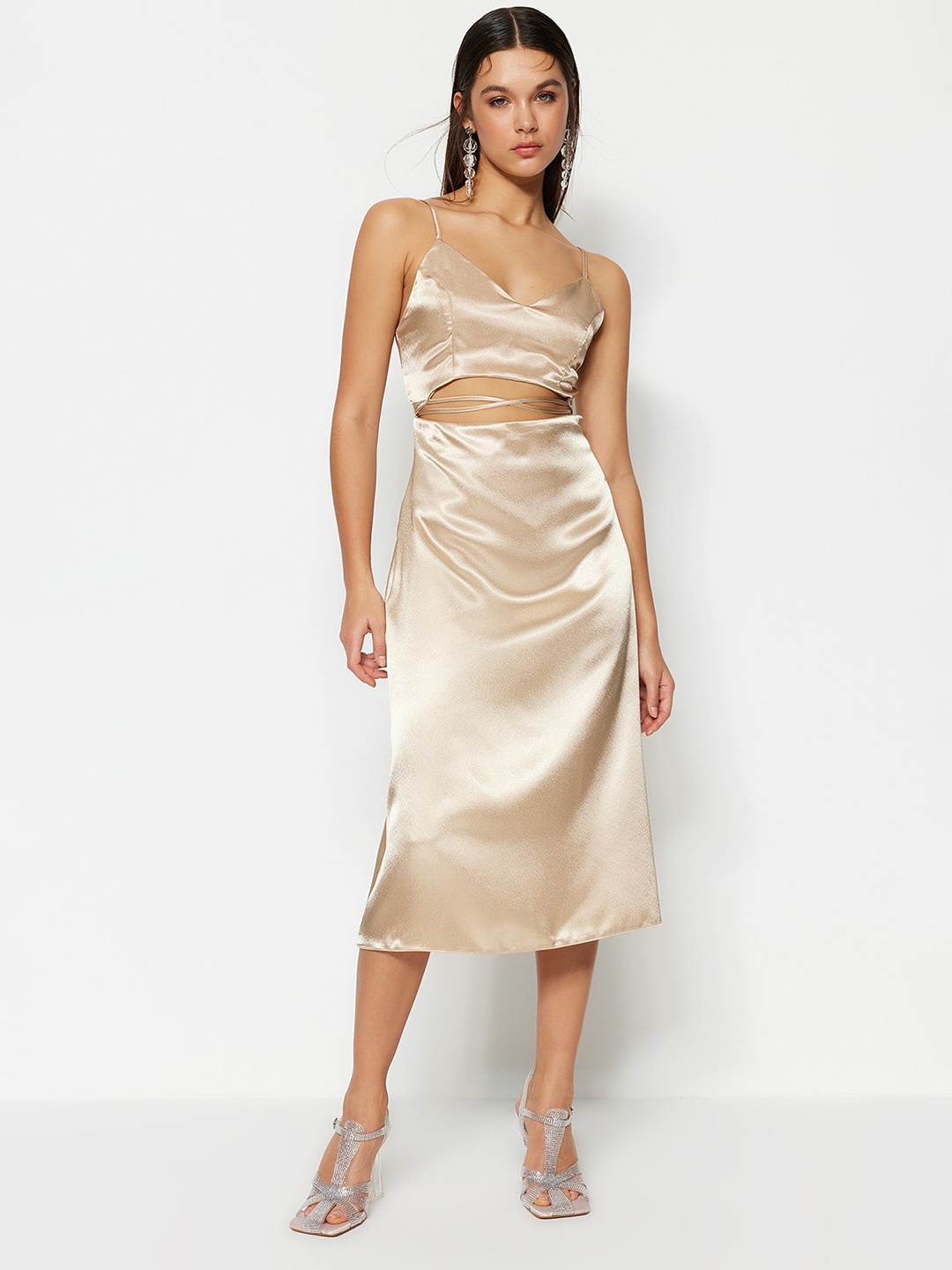 

Trendyol Shoulder Strap Cut-Out Satin A-Line Midi Dress, Beige