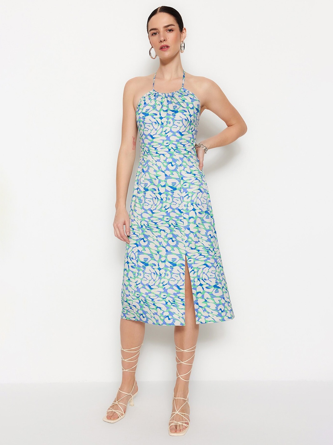

Trendyol Abstract Printed Shoulder Strap A-Line Midi Dress, Blue