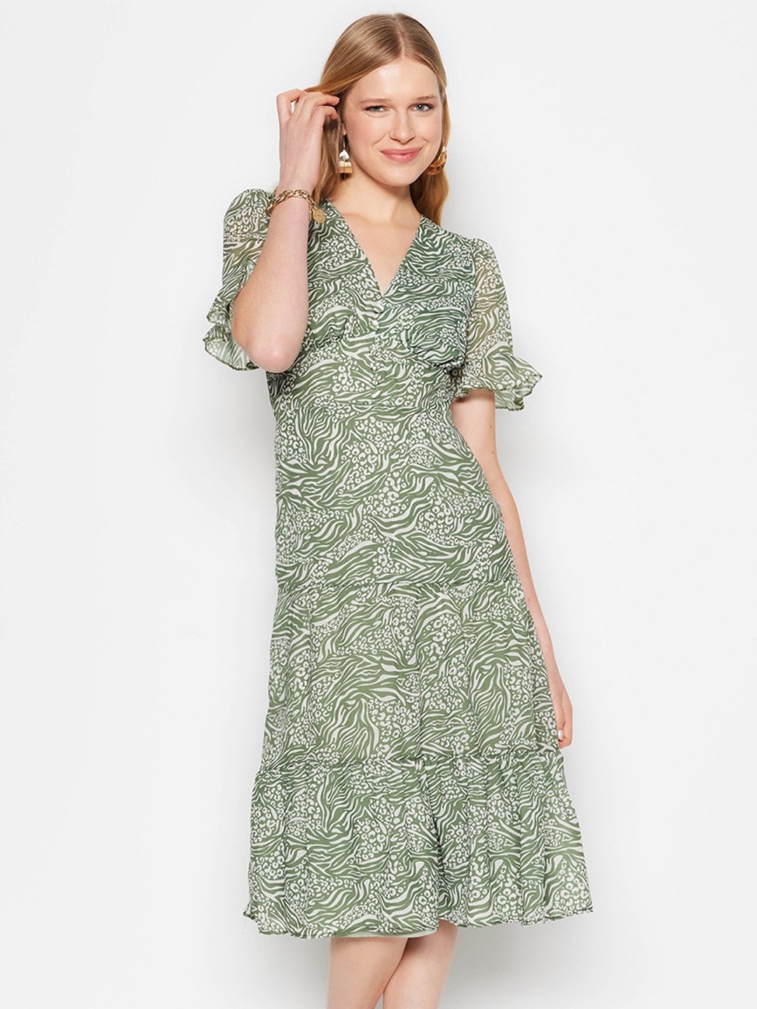 

Trendyol Abstract Printed A-Line Midi Dress, Olive