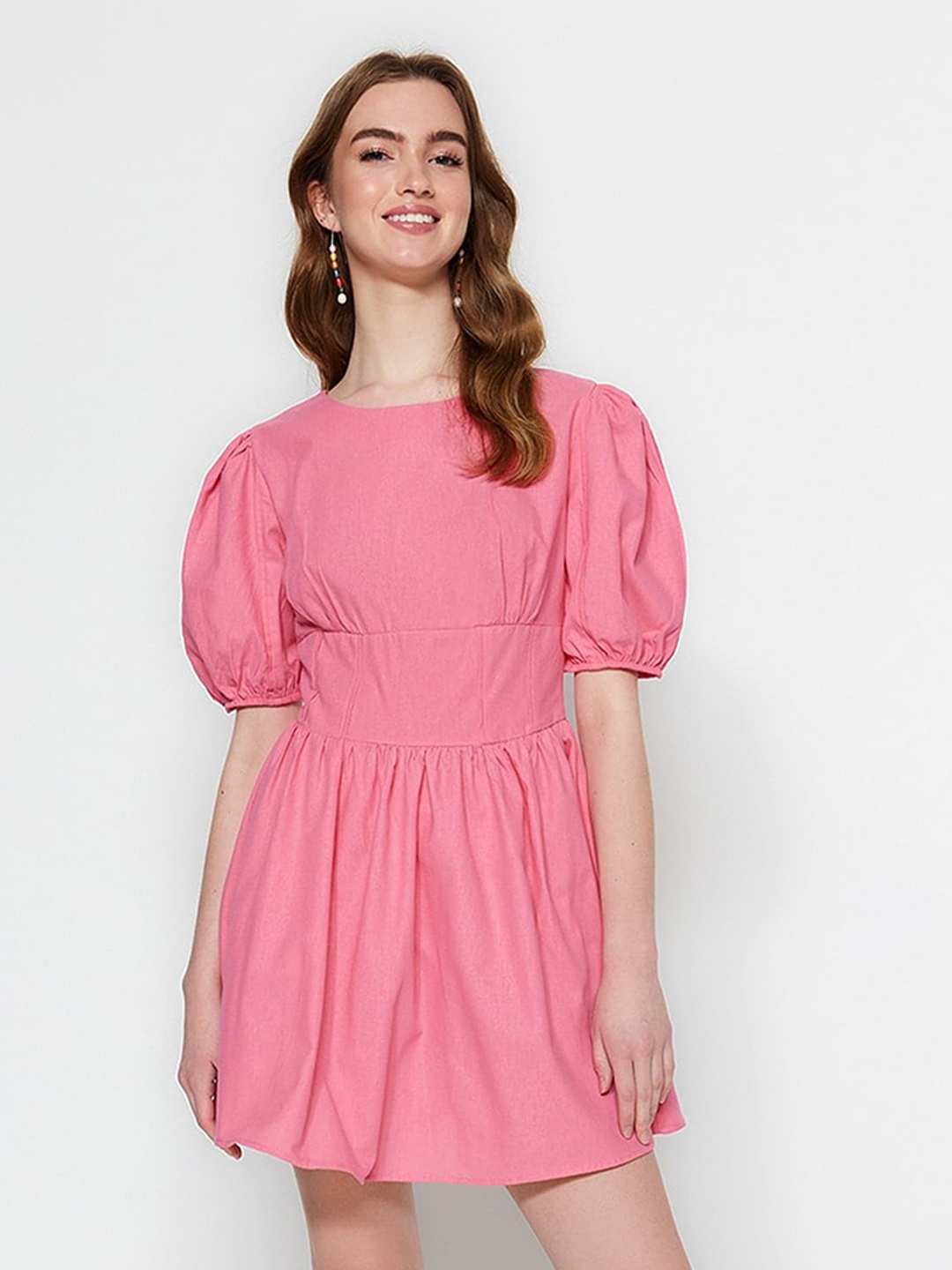 

Trendyol Puff Sleeves Pure Cotton Fit & Flare Mini Dress, Pink