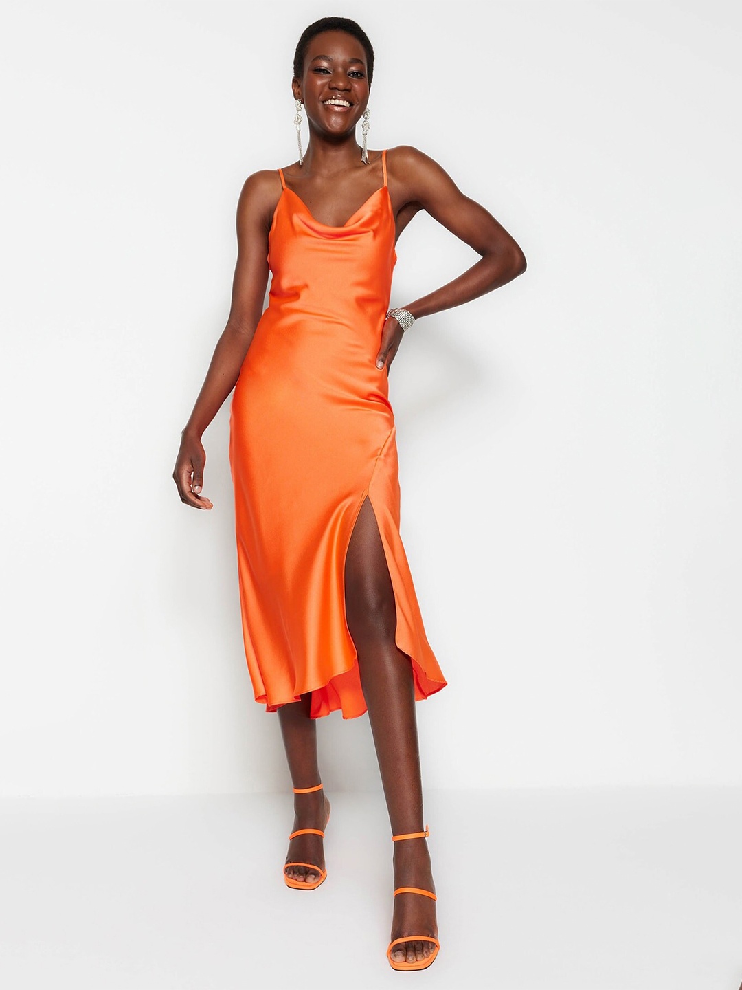 

Trendyol Cowl Neck Satin A-Line Midi Dress, Orange