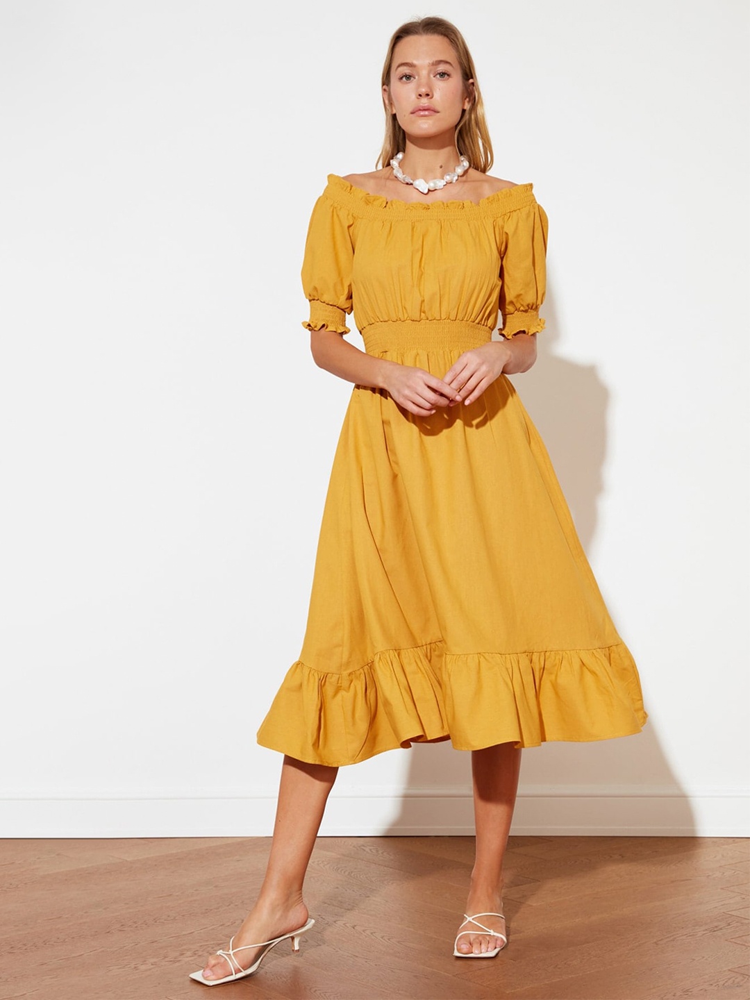 

Trendyol Off Shoulder Puff Sleeves Pure Cotton Fit & Flare Midi Dress, Mustard