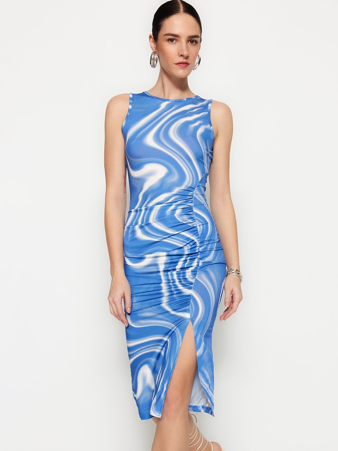 

Trendyol Abstract Printed Ruched Bodycon Dress, Blue