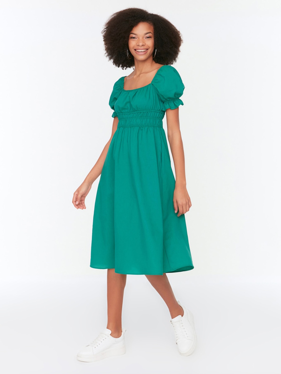 

Trendyol Puff Sleeve Fit & Flare Midi Dress, Green