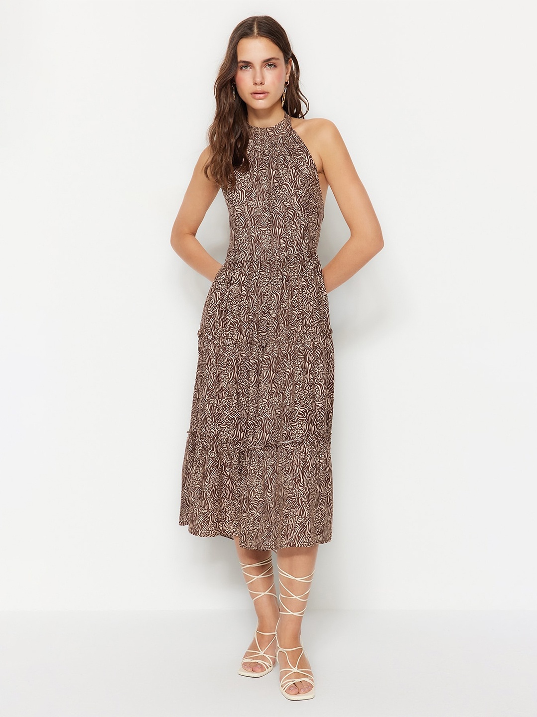 

Trendyol Abstract Printed Halter Neck Tiered Fit & Flare Midi Dress, Brown