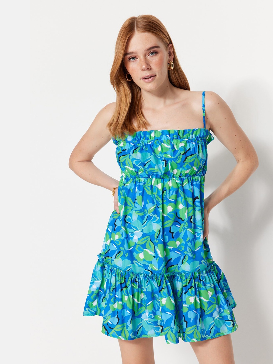 

Trendyol Floral Printed Mini Fit & Flare Dress, Blue